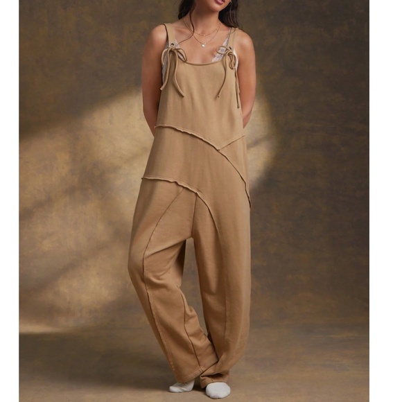 Khaki Relaxed Fit Shoulder Tie Pockets Low Back Jumpsuit - Picture 1 of 6